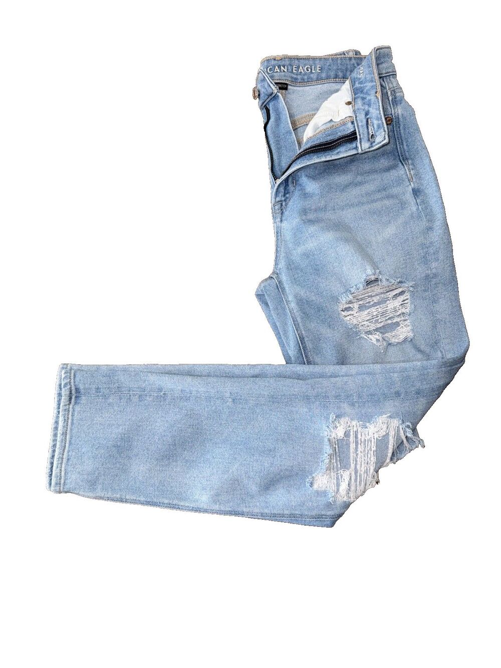 American Eagle Mom Straight Jeans Light Wash Distressed High Rise Stretch Size 2